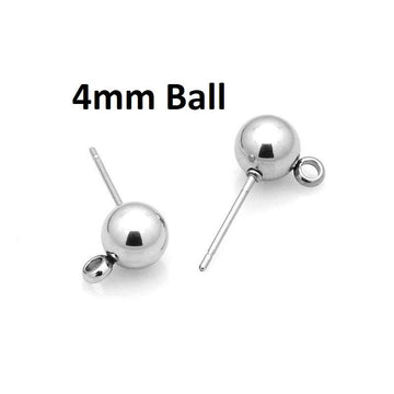 E012 - 10 pcs. (5 pairs) 304 Stainless Steel Earring Ball Posts Settings with Loop - 15mm x 6mm - Silver Tone - 4mm Ball Diameter - with Stoppers