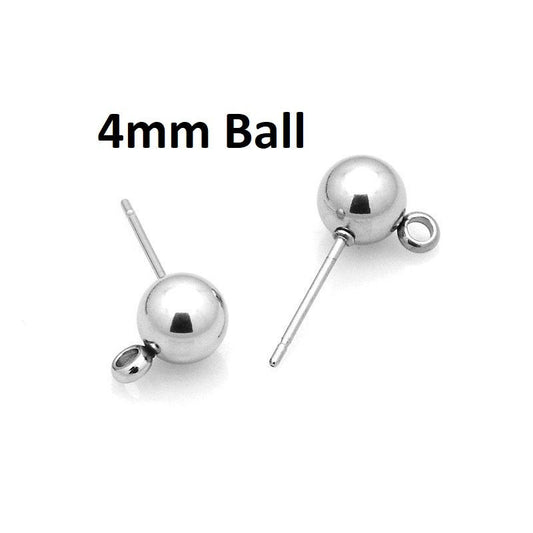 E012 - 10 pcs. (5 pairs) 304 Stainless Steel Earring Ball Posts Settings with Loop - 15mm x 6mm - Silver Tone - 4mm Ball Diameter - with Stoppers