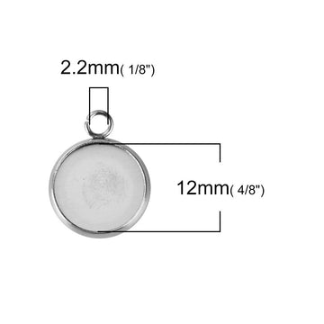 P635 - 10 pcs. 304 Stainless Steel Silver Tone Circle Round Bezel Cabochon Pendant Tags Trays - 12mm Glue Pad - Single Loop - Hypoallergenic