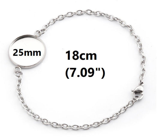 B099 - 3 pcs. 304 Stainless Steel Silver Tone Chain Bracelets - 7.09" (18cm) - 25mm Bezel - Tarnish Resistant!
