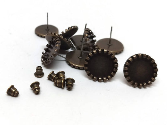 E307 - 10 pcs. Antique Bronze Earring Posts Studs Settings Bezels Cabochons Tacks- 12mm Glue Pad Setting - Includes Bronze Stoppers!
