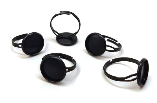 RB032 - 5 pcs. Black ADJUSTABLE Cabochon Setting Bezel RING bases settings - Ring Size 6 US - Glue Pad 12mm