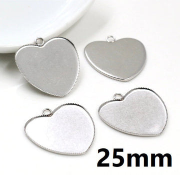 P1156 - 10 pcs. 304 Stainless Steel Circle Bezel Pendant Tags Trays - 25mm Glue Pad Setting - Single Loop - Silver Tone - Heart