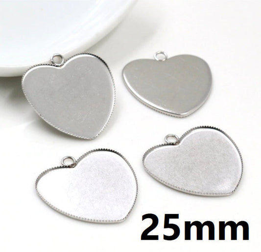 P1156 - 10 pcs. 304 Stainless Steel Circle Bezel Pendant Tags Trays - 25mm Glue Pad Setting - Single Loop - Silver Tone - Heart