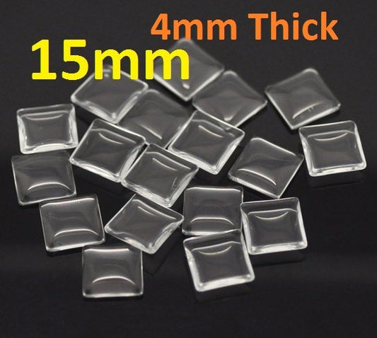 CA005 - 10 pcs. Square Clear Glass Dome Seals Tiles - 15mm - 4mm Thick