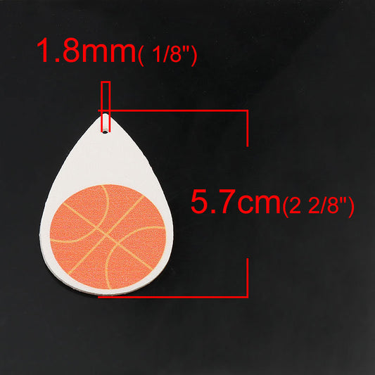 P214 - 10 pcs. Orange and White Basketball Ball Faux Leather Dangle Charms Pendants - Teardrop - Sports - 57mm (2.25") - Double-Sided