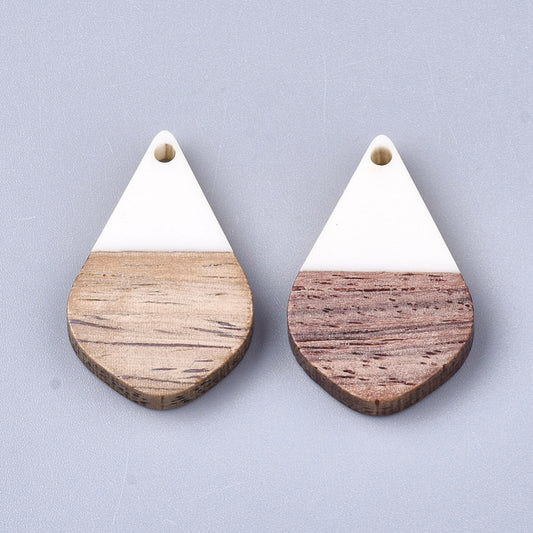 P1025 - 4 pcs. White Resin and Wood Teardrop Flat Pendant - 28mm x 18mm - (1.1" x 0.71") - SMALL - Great for Earrings and Necklaces