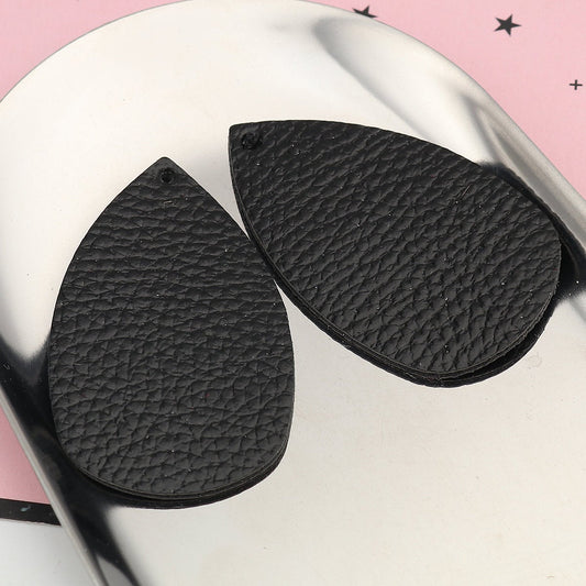 P1036 - 10 pcs. Black Faux Leather Dangle Charms Pendants - Plump Teardrop - 58mm (2.3") - Great for Light Earrings! Double-Sided