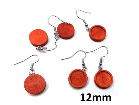 E552 - 10 pcs. 316 Stainless Steel Silver Tone Earring Dangle Hooks Settings Bezels Cabochons - 12mm Glue Pad Setting - Wood Trays - Cherry