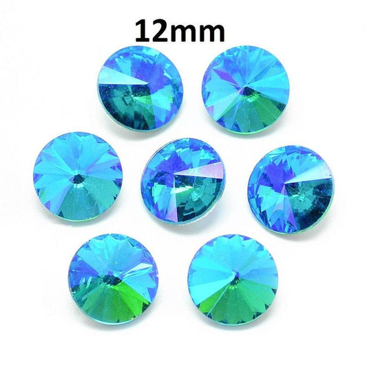 CA847 - 10 pcs. Glass Rhinestone Faceted Rhinestone Cabochons - Glass Pointed Back - 12mm - Multicolor - Aqua