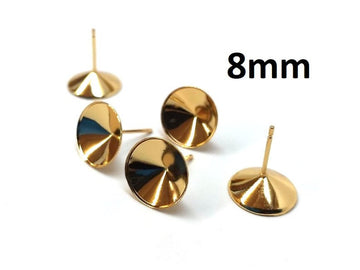 E594 - 10 pcs. (5 pairs) 304 Stainless Steel Earring Cone Posts - Golden - For 8mm Pointed Back and Rivoli Rhinestones