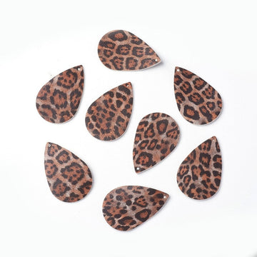 P2058 - 10 pcs. Leopard Faux Leather Dangle Charms Pendants - Teardrop - Black and Brown - 56mm (2.2") - Double Sided