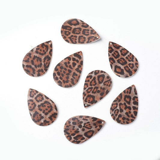 P2058 - 10 pcs. Leopard Faux Leather Dangle Charms Pendants - Teardrop - Black and Brown - 56mm (2.2") - Double Sided