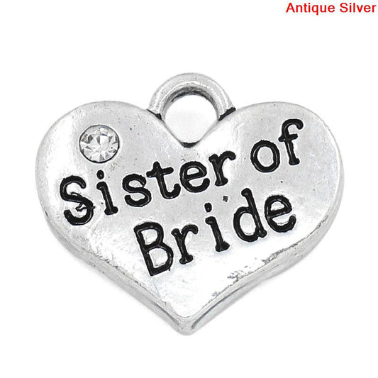 P067 - 4 pcs. Antique Silver "Sister of Bride" charm with rhinestone- 16mm X 14mm