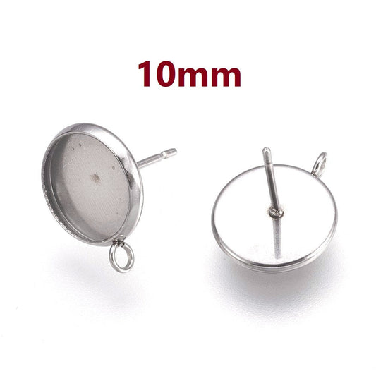E591 - 10 pcs 304 Stainless Steel Earring Posts Studs Settings Bezels Cabochons Tacks with Loop - 10mm Glue Pad Setting - Perpendicular Loop