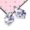 P236 - 10 pcs. Porcelain Pattern Faux Leather Dangle Charms Pendants - Pinch Leaf - White Blue - Silver Tone Jump Ring - 62mm (2.5") - Double Sided