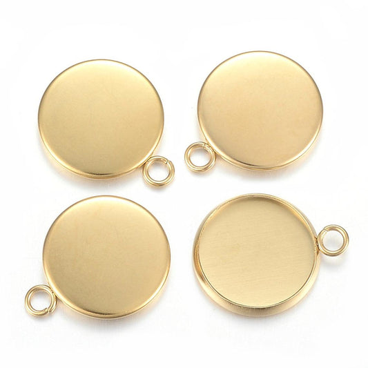 P992 - 10 pcs. 304 Stainless Steel Golden Circle Round Bezel Cabochon Pendant Tags Trays - 8mm Glue Pad - Single Loop - Tarnish Resistant!