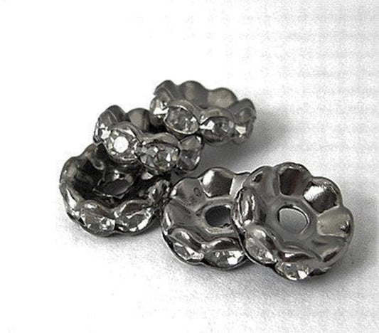 BD780 - 50 pcs Gunmetal Black Rhinestone Enamel Rondelle Spacer Beads - 8mm x 3.5mm - Grade A - Hole Size: 1.5mm - Curved Edge