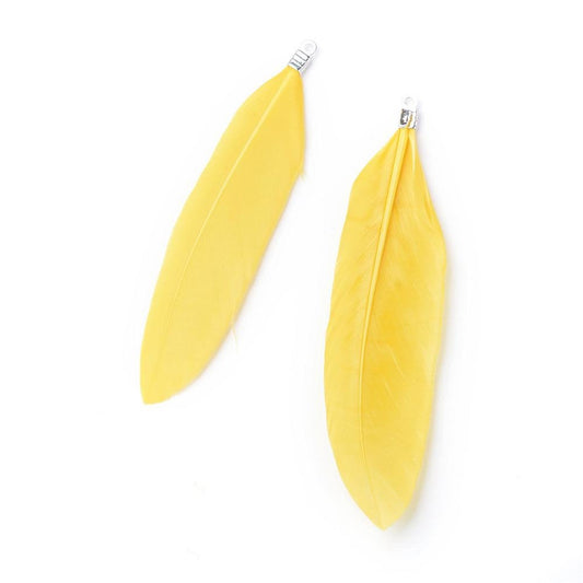 P380 - 10 pcs Yellow Dangle Charms Pendants - Feather - Silver Tone Crimps - 75mm (2.95") - Great for Light Earrings or Dangles!