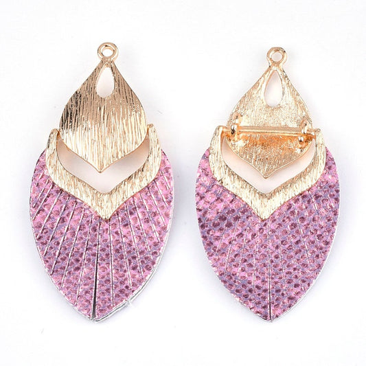 MP0001 - 10 pcs. Metal and Faux Leather Dangle Charms Pendants - Pink - Gold Hardware - 61mm (2.4")
