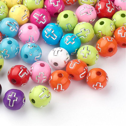 BD216 - 88 pcs Assortment of Acrylic Round Spacer Beads - 10mm (0.39") - Silver Plated Cross Design - Hole Size: 2mm