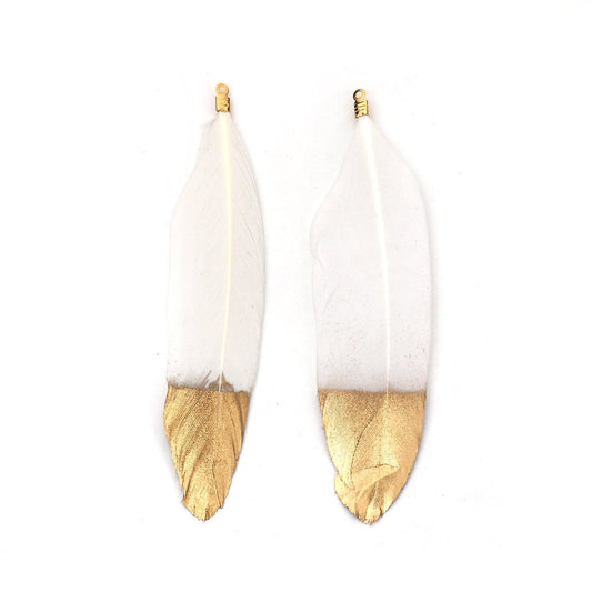 P938 - 10 pcs White and Gold Dangle Charms Pendants - Feather - Gold Plated Crimps - 80mm (3.15") - Great for Light Earrings, Necklaces or Dangles