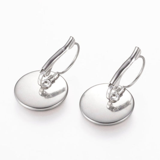 E038 - 10 pcs. 304 Stainless Steel Earring Clips Settings Lever Back Bezels Cabochons - 18mm Glue Pad Setting