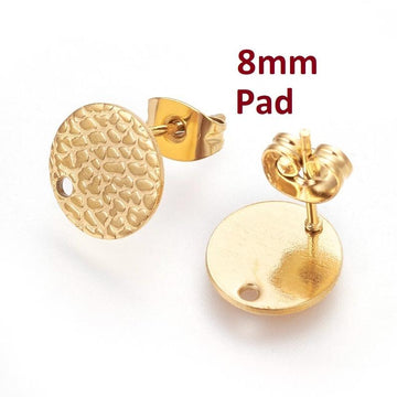 E574 - 10 pcs. (5 pairs) 304 Stainless Steel Golden Earring Posts/Bases/Studs/Settings - 8mm Diameter - Hole Size: 1mm - TEXTURED - Style D