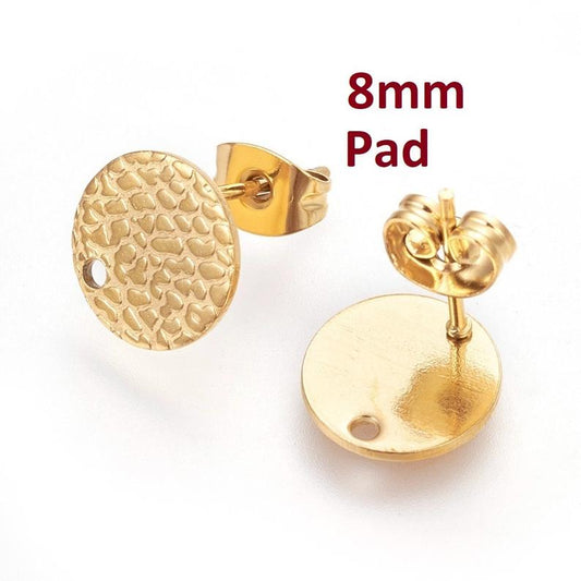 E574 - 10 pcs. (5 pairs) 304 Stainless Steel Golden Earring Posts/Bases/Studs/Settings - 8mm Diameter - Hole Size: 1mm - TEXTURED - Style D