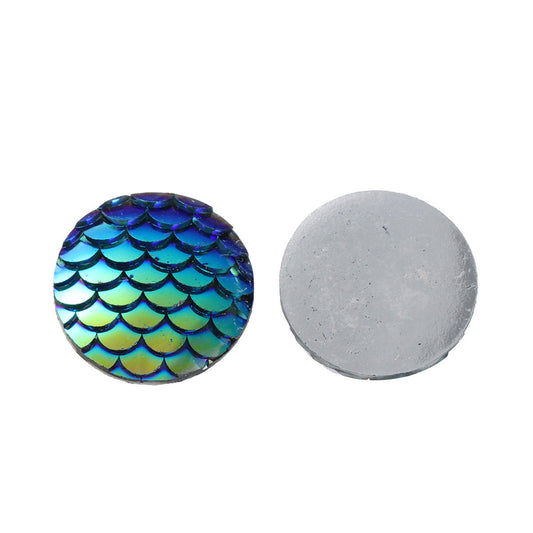 CA008 - 10 pcs Mermaid Fish Scales Resin Carved Embellishment Cabochons Blue AB - 12mm (1/2 in)
