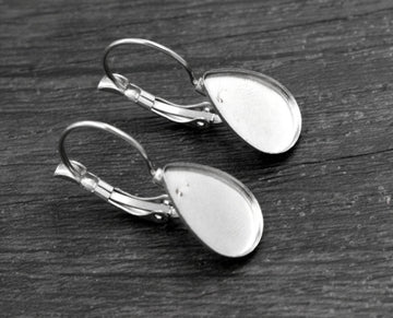E349 - 10 pcs. (5 pairs) 304 Stainless Steel Silver Tone Teardrop Earring Clips Lever Back Bezels Cabochons - 14mm x 10mm Glue Pad Setting - Drop