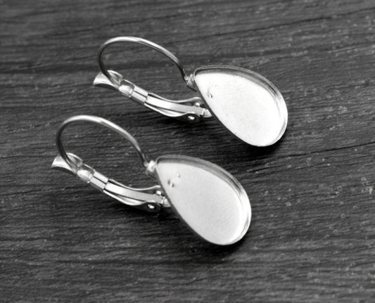 E349 - 10 pcs. (5 pairs) 304 Stainless Steel Silver Tone Teardrop Earring Clips Lever Back Bezels Cabochons - 14mm x 10mm Glue Pad Setting - Drop