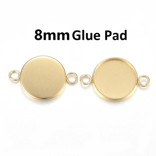 P2088 - 10 pcs. 304 Stainless Steel Golden Circle Round Bezel Cabochon Cameo Connector Tags Trays - 8mm Glue Pad - Tarnish Resistant