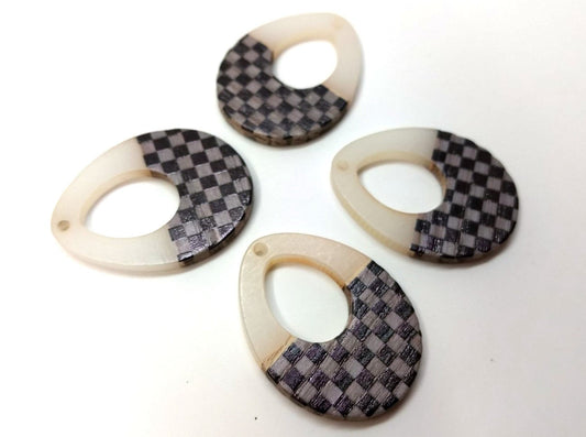 P1198 - 4 pcs. Gray and Black Resin and Wood Teardrop Flat Pendant - 38mm x 28mm - (1.5" x 1.1") - LARGE - Great for Earrings and Necklaces!