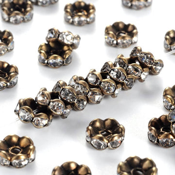 BD151 - 10 pcs Antique Bronze Clear Rhinestone Rondelle Spacer Beads - 8mm x 3.8mm - Grade AAA - Hole Size: 1.5mm - Crystal - Curved Edge