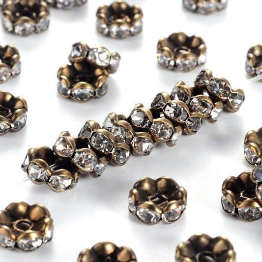 BD151 - 10 pcs Antique Bronze Clear Rhinestone Rondelle Spacer Beads - 8mm x 3.8mm - Grade AAA - Hole Size: 1.5mm - Crystal - Curved Edge