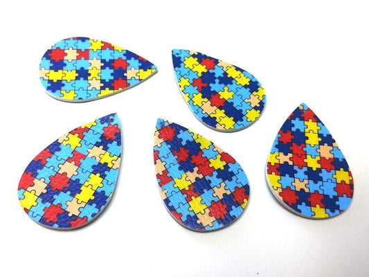P2091 - 10 pcs. Autism Faux Leather Dangle Charms Pendants - Teardrop - Puzzle - 56mm (2.2") - Great for Light Earrings or Dangles! Double-Sided