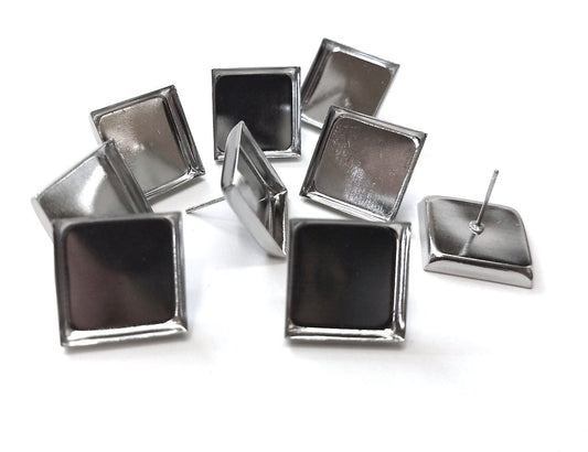 E788 - 10 pcs. Silver Tone Square Earring Posts Studs Settings Bezels Cabochons Tacks- 16mm x 16mm Glue Pad Setting
