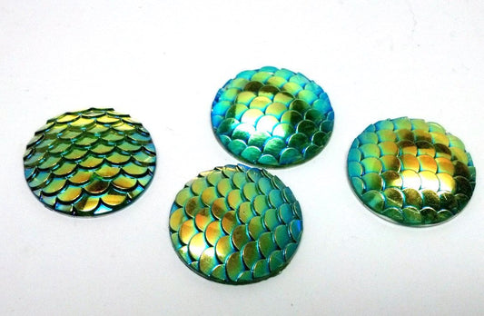 CA459 - 5 pcs Mermaid Fish Scales Resin Carved Embellishment Cabochons Yellow Green - 25mm (1 in)