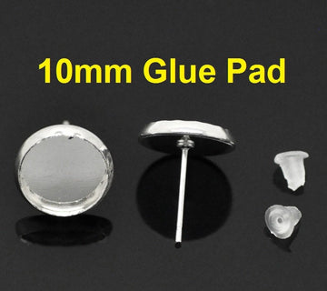 E584A - 10 pcs. Silver Plated Earring Posts Studs Settings Bezels Cabochons Tacks- 10mm Glue Pad Setting
