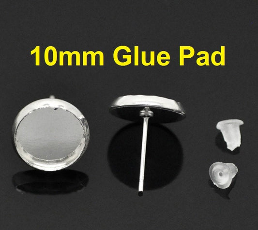 E584B - 30 pcs. Silver Plated Earring Posts Studs Settings Bezels Cabochons Tacks- 10mm Glue Pad Setting