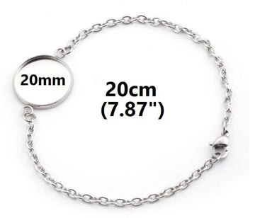 B100 - 3 pcs. 304 Stainless Steel Silver Tone Chain Bracelets - 7.87" (20cm) - 20mm Bezel - Tarnish Resistant!
