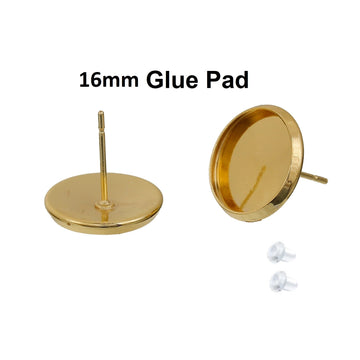 E418 - 30 pcs. Gold Plated Earring Posts Studs Settings Bezels Cabochons Tacks - 16mm Glue Pad Setting
