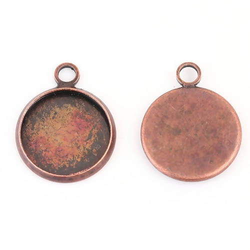 P1016 - 10 pcs. Antique Copper Circle Round Bezel Cabochon Pendant Tags Trays - 12mm Glue Pad - 17x14mm - Single Loop