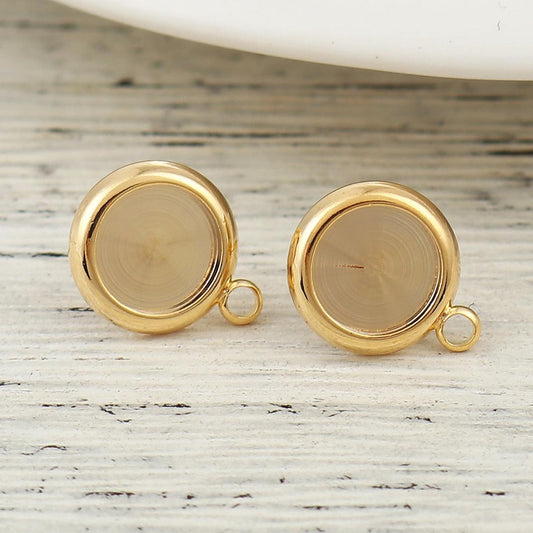 E733 - 4 pcs. 18K Gold Filled Earring Posts Studs Settings Bezels Cabochons Tacks with Parallel Loop - 8mm Glue Pad Setting - Made of Copper