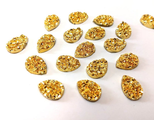 CA622 - 10 pcs Druzy Resin Embellishment Cabochons Gold - 14x10mm - Teardrop - 14mm x 10mm - 3mm Thick