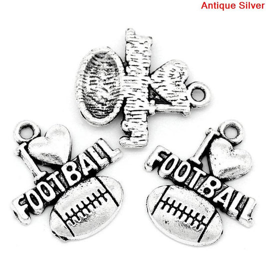 P2055 - 50 pcs. Antique Silver Tone "I love (heart) Football" Sports Charms Pendants - 20mm x 18mm