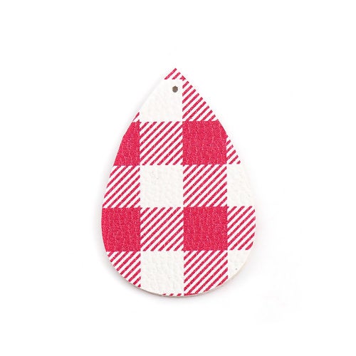 P1037 - 10 pcs Pink and White Faux Leather Dangle Pendants - Teardrop - Gingham Pattern - 56mm (2.2") - Great for Earrings or Dangles! Double-Sided