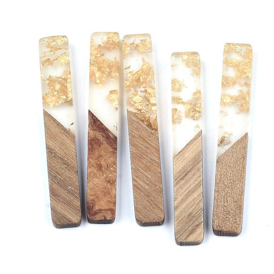 MP0009 - 4 pcs. Gold and Clear Resin and Wood Rectangle Flat Pendant - 52mm x 8mm - (2.05" x 0.32") - Great for Earrings and Necklaces!