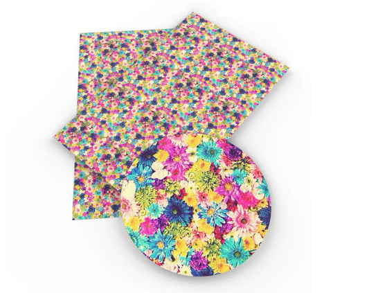 E568 - 1 Sheet Faux Leather - 20cm x 34cm (7.9" x 13.4") - Floral - Daisy - Multicolor - Thickness: 0.7mm